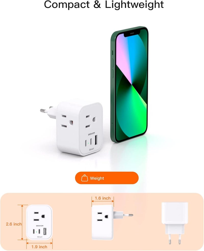 BESHON 【2-Pack】 European Travel Plug Adapter, International Power Plug Adapter with 3 Outlets 3 USB Ports(2 USB C), Type C Plug Adapter Travel Essentials to Most Europe Spain Italy France Germany - Image 3
